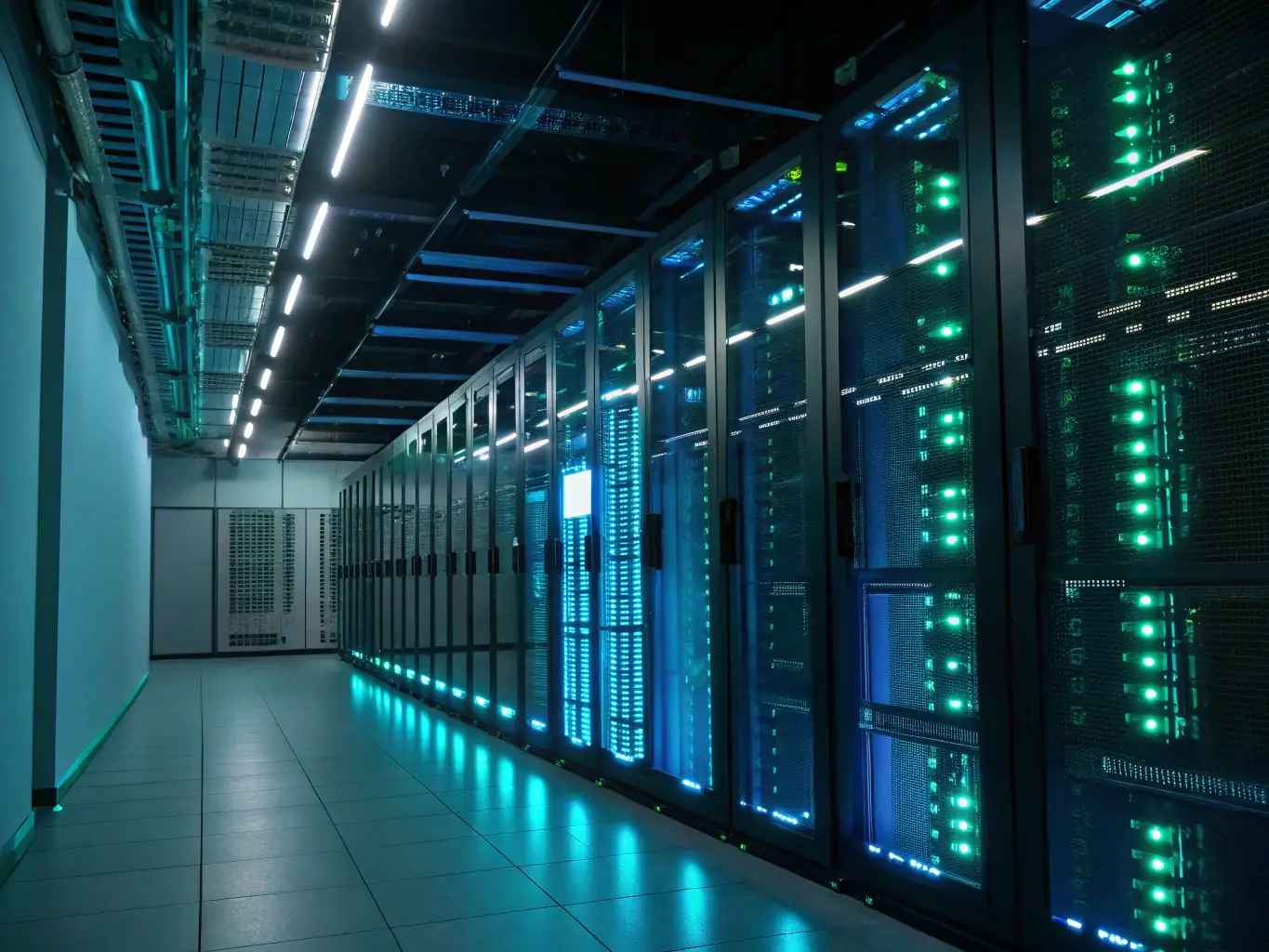 A modern data center with rows of servers and blinking lights, emphasizing security and efficiency. The image should convey a sense of technological advancement and reliability.