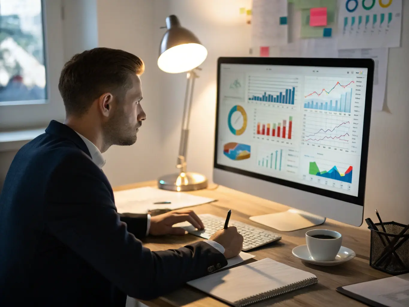 An image of a professional consultant analyzing data on multiple screens, representing strategic IT management. The consultant should appear confident and knowledgeable.