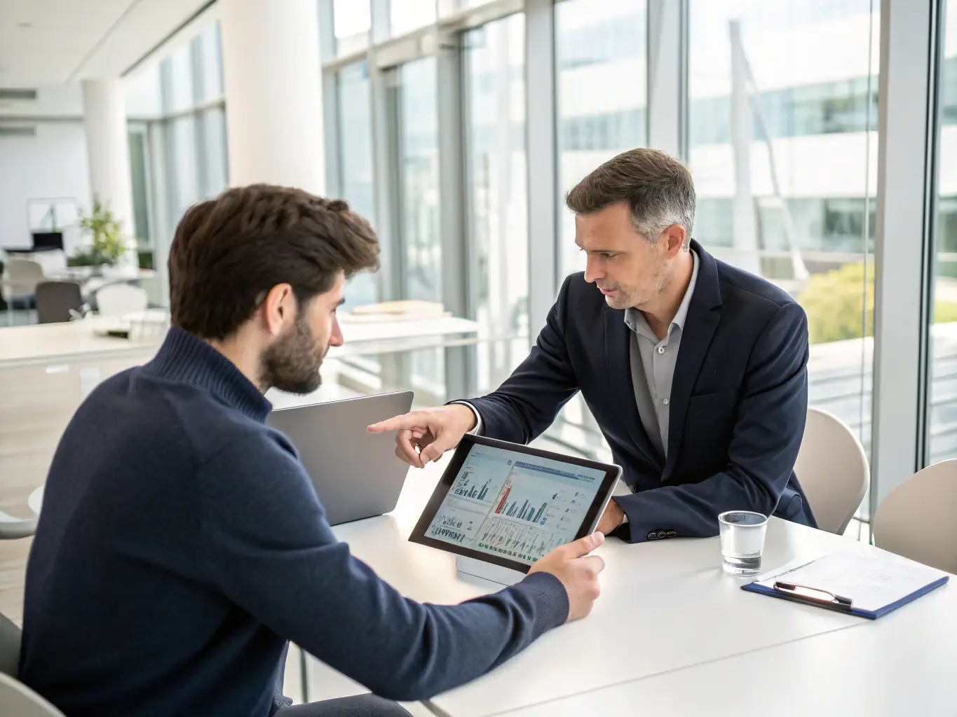 A consultant reviewing IT infrastructure diagrams with a client in a modern office setting, emphasizing strategic IT planning.